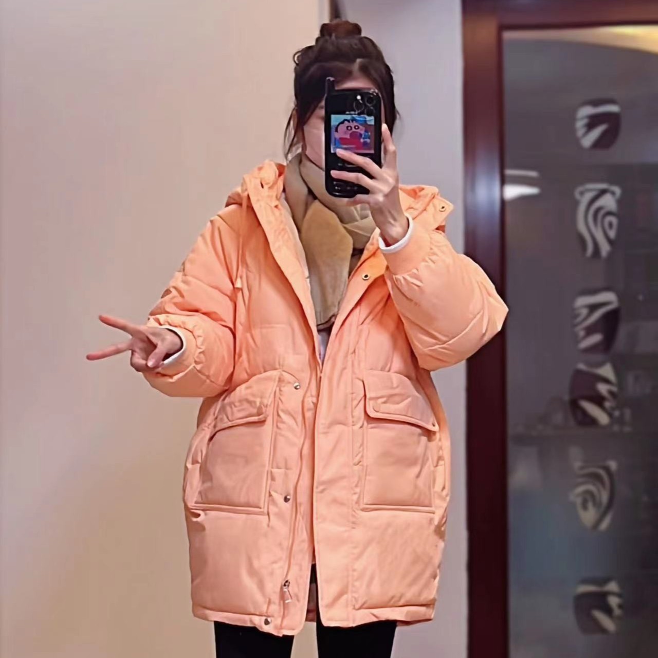  2023新款橘色棉服女外套中长款韩版冬季时尚连帽中长款宽松
