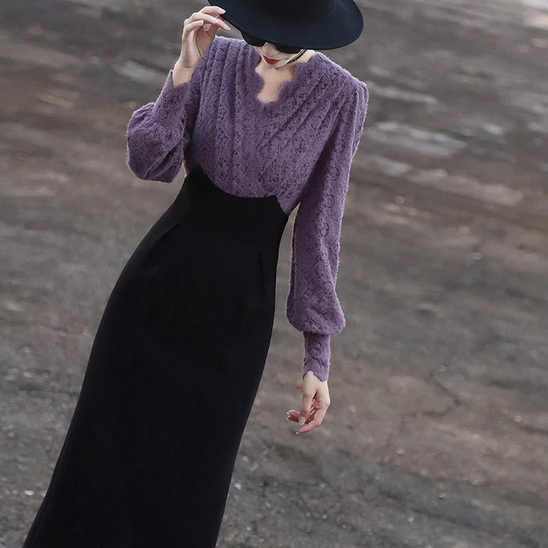 【喜妙】2025新款显瘦假两件长袖裙子蕾丝包臀女装时尚连衣裙2661