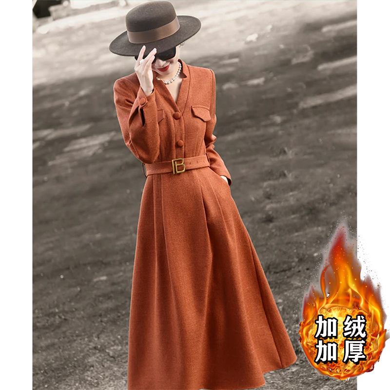 【加绒加厚】2025冬季新款气质通勤保暖气质裙子显瘦长袖连衣裙2751