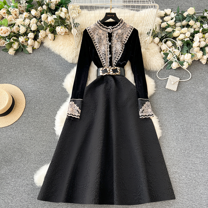 【有里布】黑色复古连衣裙女春秋时尚高级感法式赫本风礼服裙子2466