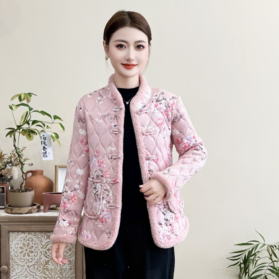 冬季新中式女新款加绒加厚保暖复古印花小棉服上衣外套棉衣