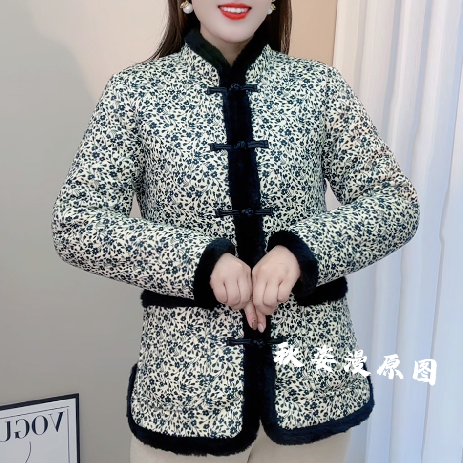 冬季新款加绒加厚棉衣棉中老年复古新中式网红碎花保暖棉外套