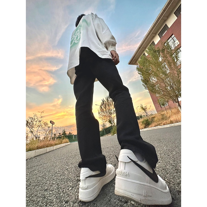 美式vibe风裤子男款高街潮牌弹力纯黑色牛仔裤修身cleanfit直筒裤