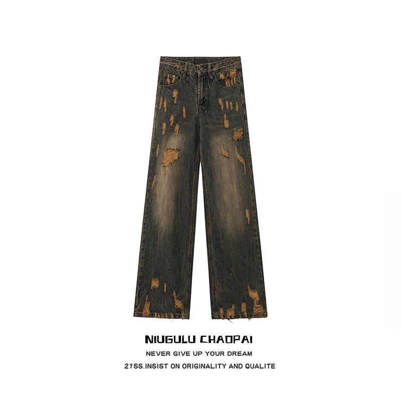 NIUGULU.24SS潮牌青春时尚百搭休闲男女款做旧水洗破洞设计牛仔裤