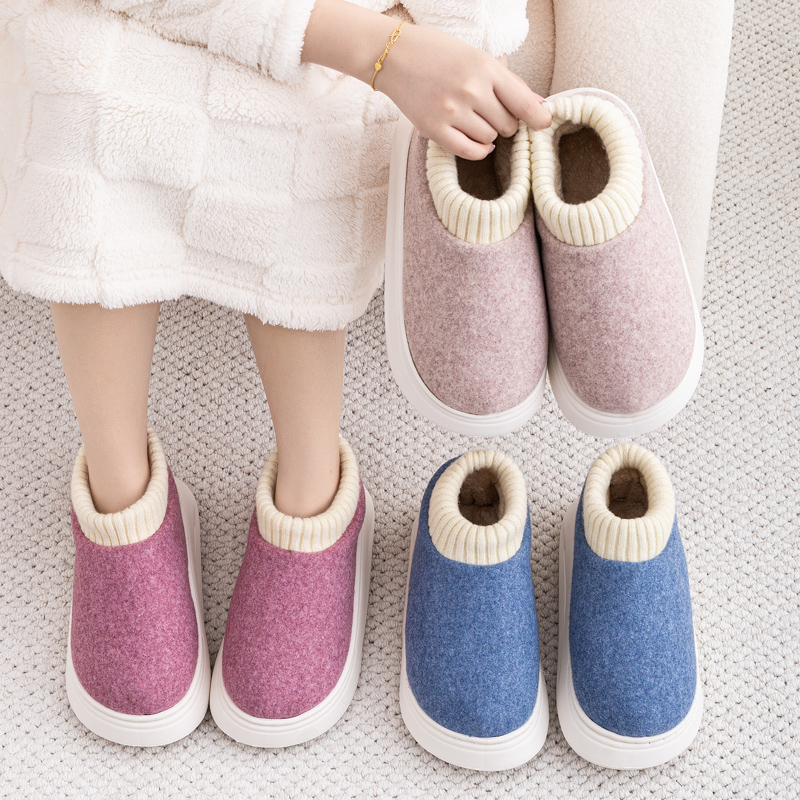 2023新款冬季居家拖鞋高包跟拖鞋保暖防滑厚底毛呢室内男女棉拖鞋