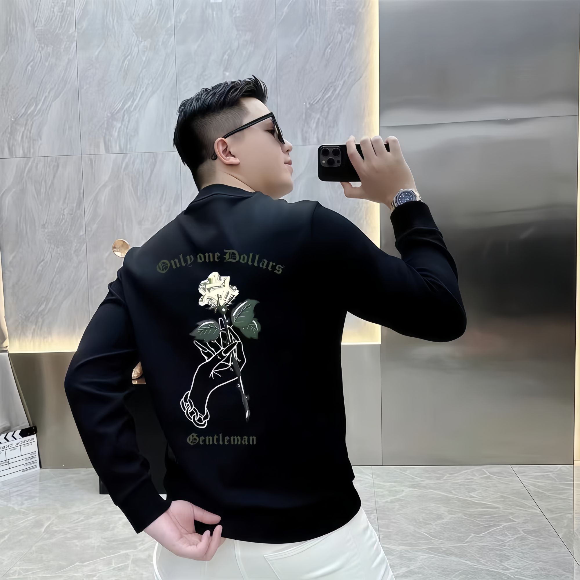 [专柜轻奢]秋冬潮款男士卫衣设计小众圆领印花玫瑰轻奢时尚休闲