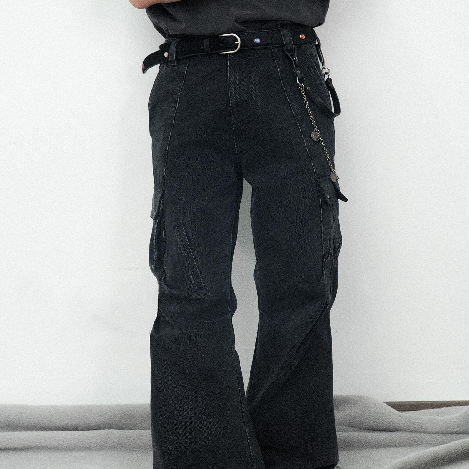 NOT UGLY 24AW 高盎司水洗手磨琥珀宝石立体口袋牛仔裤微喇工装裤