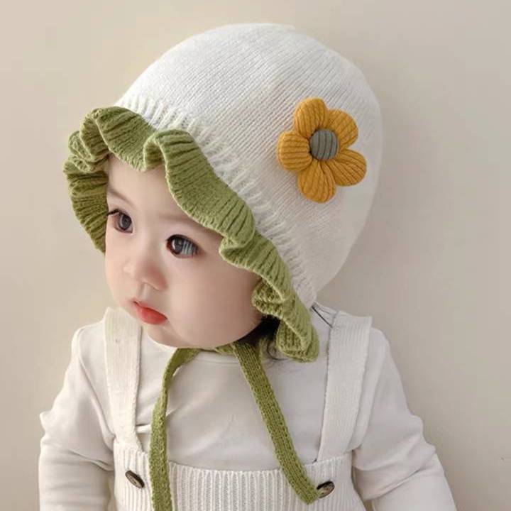 【沃玛】婴儿帽子秋冬冬款花边毛线帽针织女宝宝护耳帽可爱公主甜