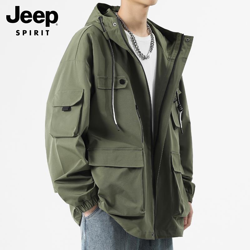 Jeep吉普男士夹克冬季新款宽松工装上衣服潮牌运动连帽冲锋外套男