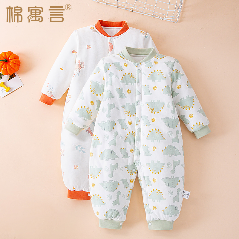 秋冬季新生儿夹棉连体衣婴儿衣服外出服宝宝爬服长袖加厚加棉哈衣