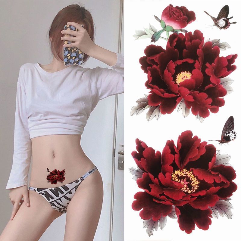牡丹花朵纹身贴防水逼真性感女花腿遮盖剖腹产贴纸持久大图案