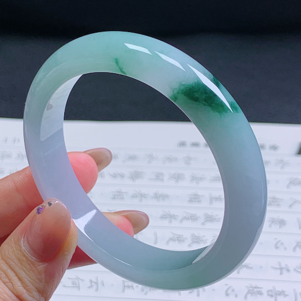 58圈天然翡翠A货老坑种飘花正圈手镯18女款平安镯冰透翡翠色精美