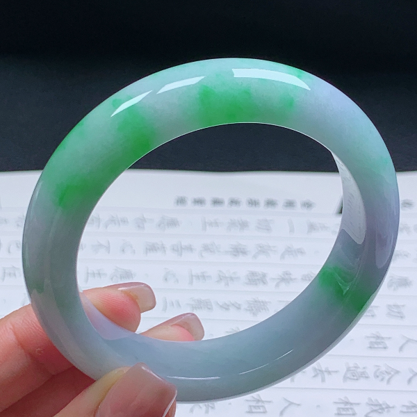 56圈天然翡翠A货老坑冰糯种飘正阳绿手镯044绿色宽边浅绿平安镯