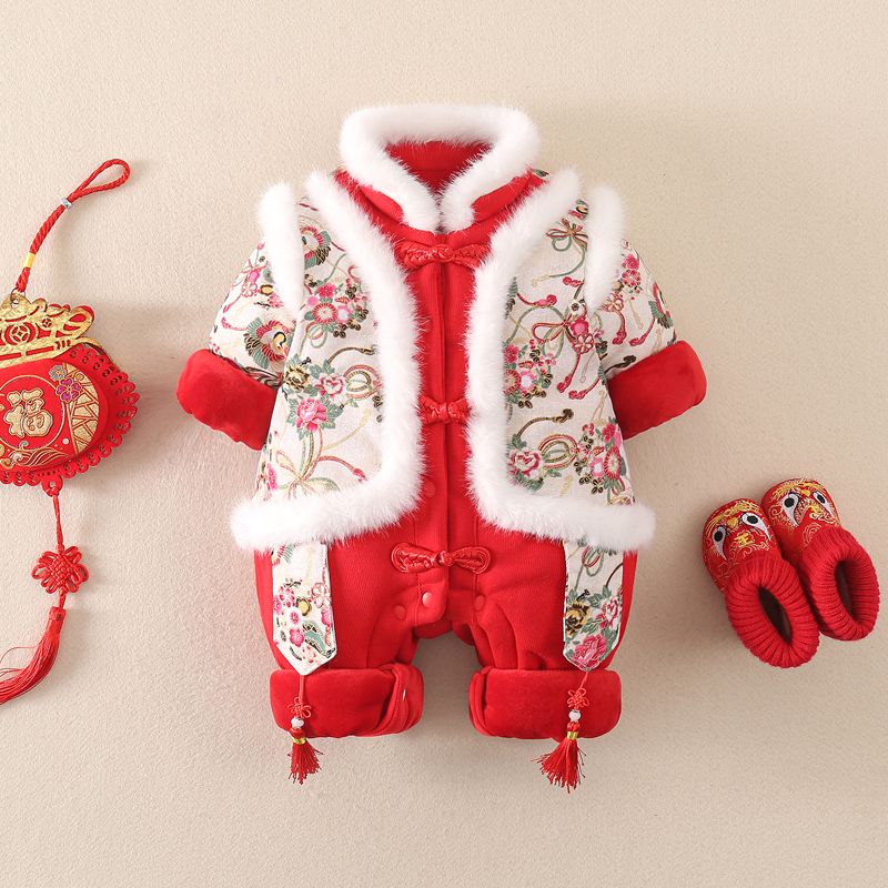 婴儿衣服冬装加厚外出服满月百天男女宝宝连体衣周岁礼服拜年服