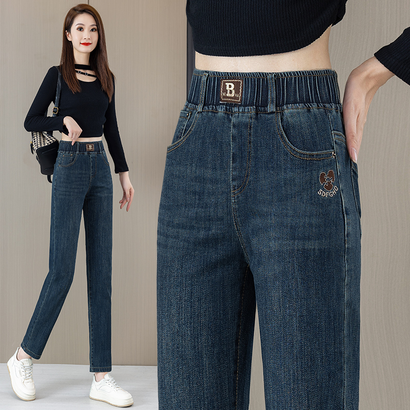 松紧腰牛仔裤女2025年秋季新款高腰显瘦烟管裤宽松百搭妈妈哈伦裤