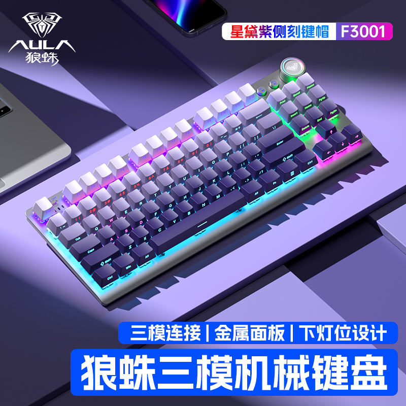 狼蛛F3001下灯位侧刻渐变机械键盘87键三模无线电竞游戏办公台式
