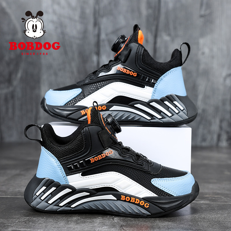 巴布豆童鞋男童运动鞋皮面防水跑步鞋2024新款中大童软底儿童鞋子