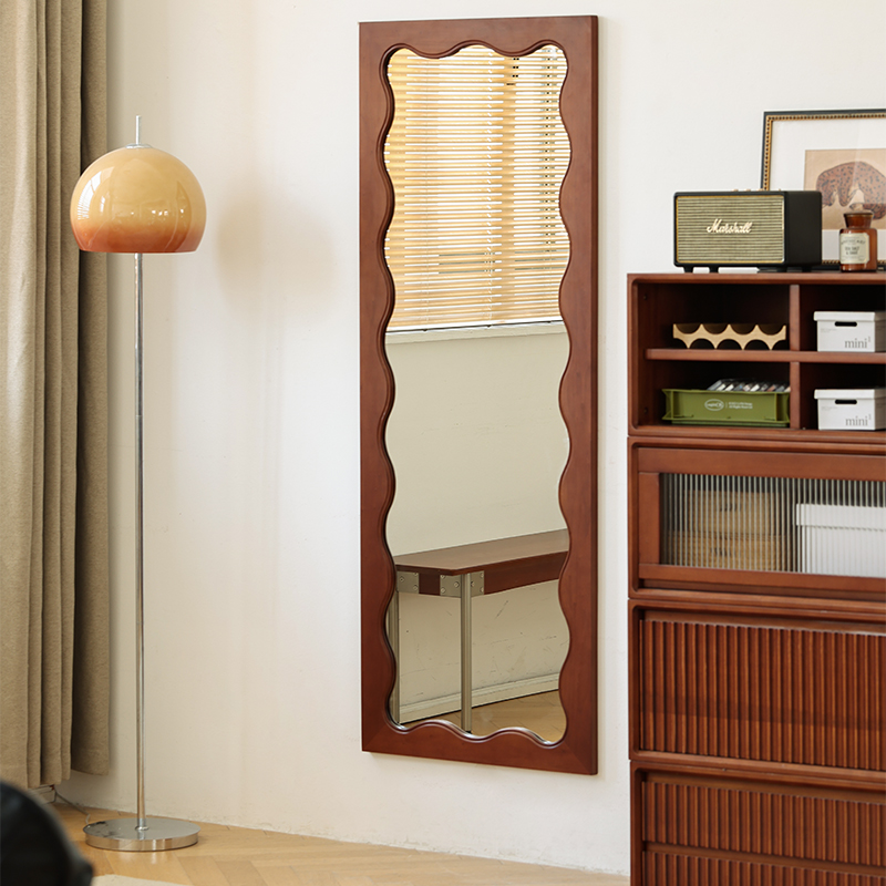 小万家具北欧实木波浪全身镜家用壁挂穿衣镜卧室复古落地镜