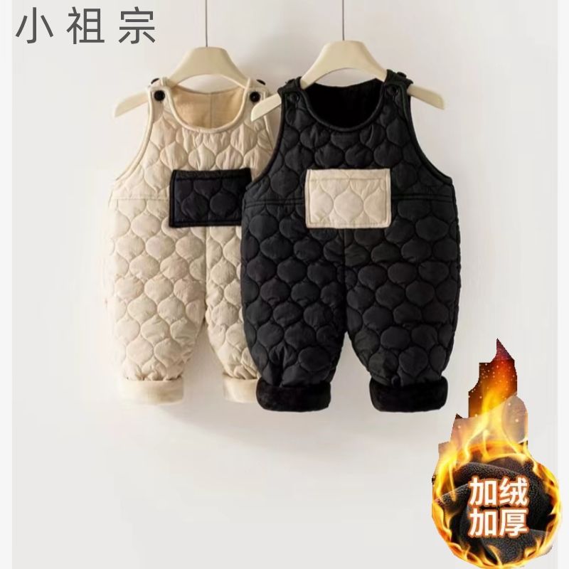儿童背带裤冬季可开档加绒加厚保暖宽松男女童连体棉裤外穿保暖裤