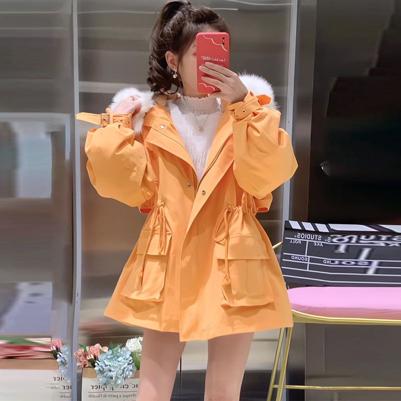 啄木鸟派克服修身棉服女2023秋冬新款爆款加绒加厚收腰抽绳大毛领