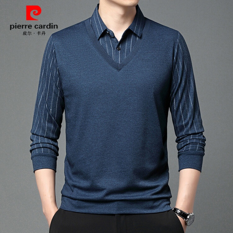 皮尔卡丹中老年假两件当季新款爸爸装男士高档商务休闲长袖针织衫