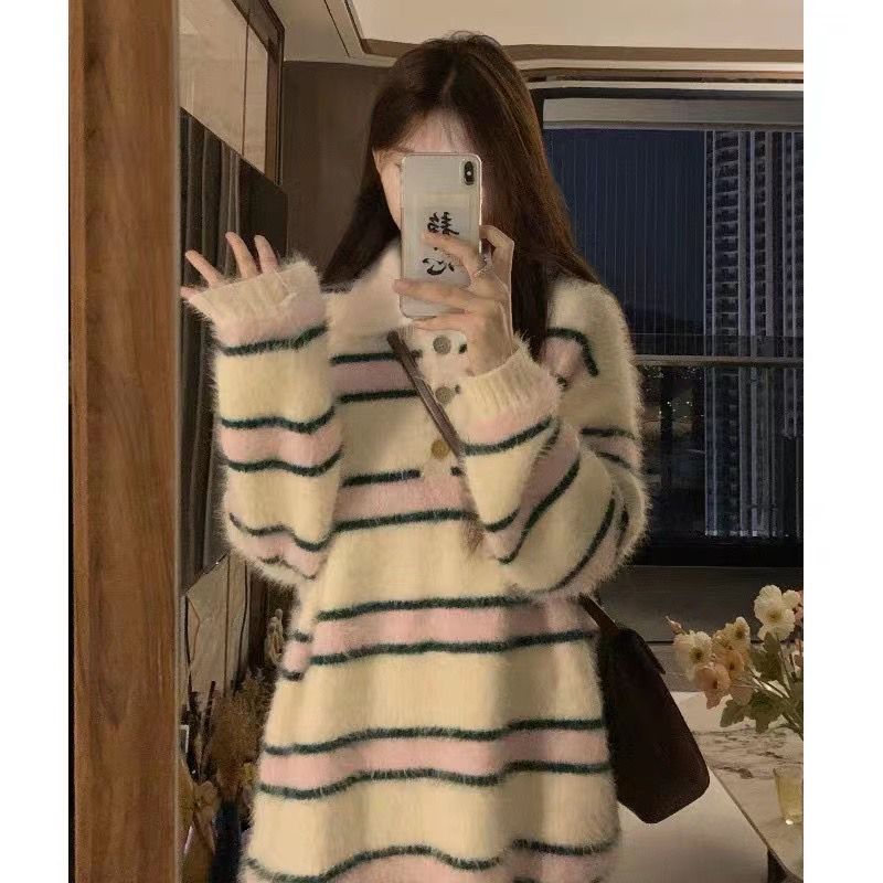 条纹针织衫女秋冬新款慵懒风甜美上衣可爱多巴胺polo领毛衣