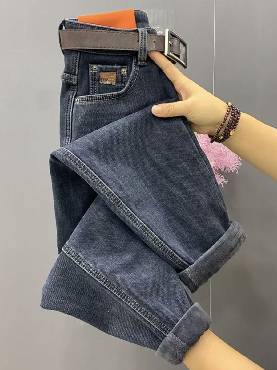 高腰直筒牛仔裤女秋冬大码胖mm加绒宽松显瘦弹力老爹哈伦萝卜裤子
