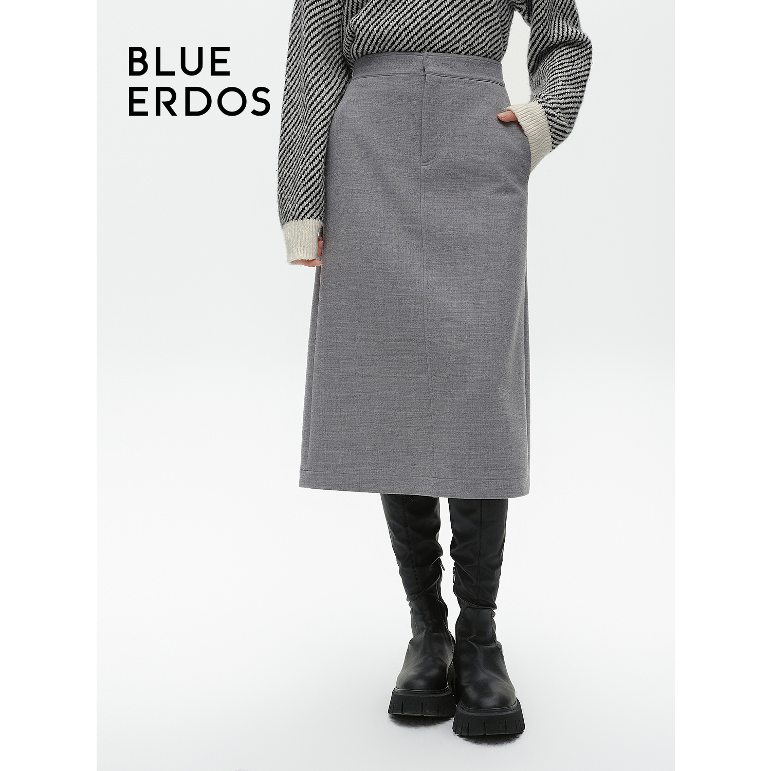BLUE ERDOS24秋冬格雷系绵羊毛混纺直筒西装半裙B246M0018