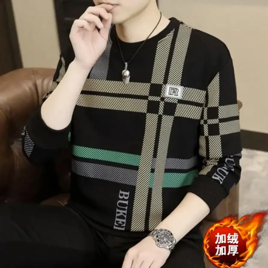 【加绒款】2024秋季新款男士长袖修身条纹韩版潮流圆领卫衣秋冬款