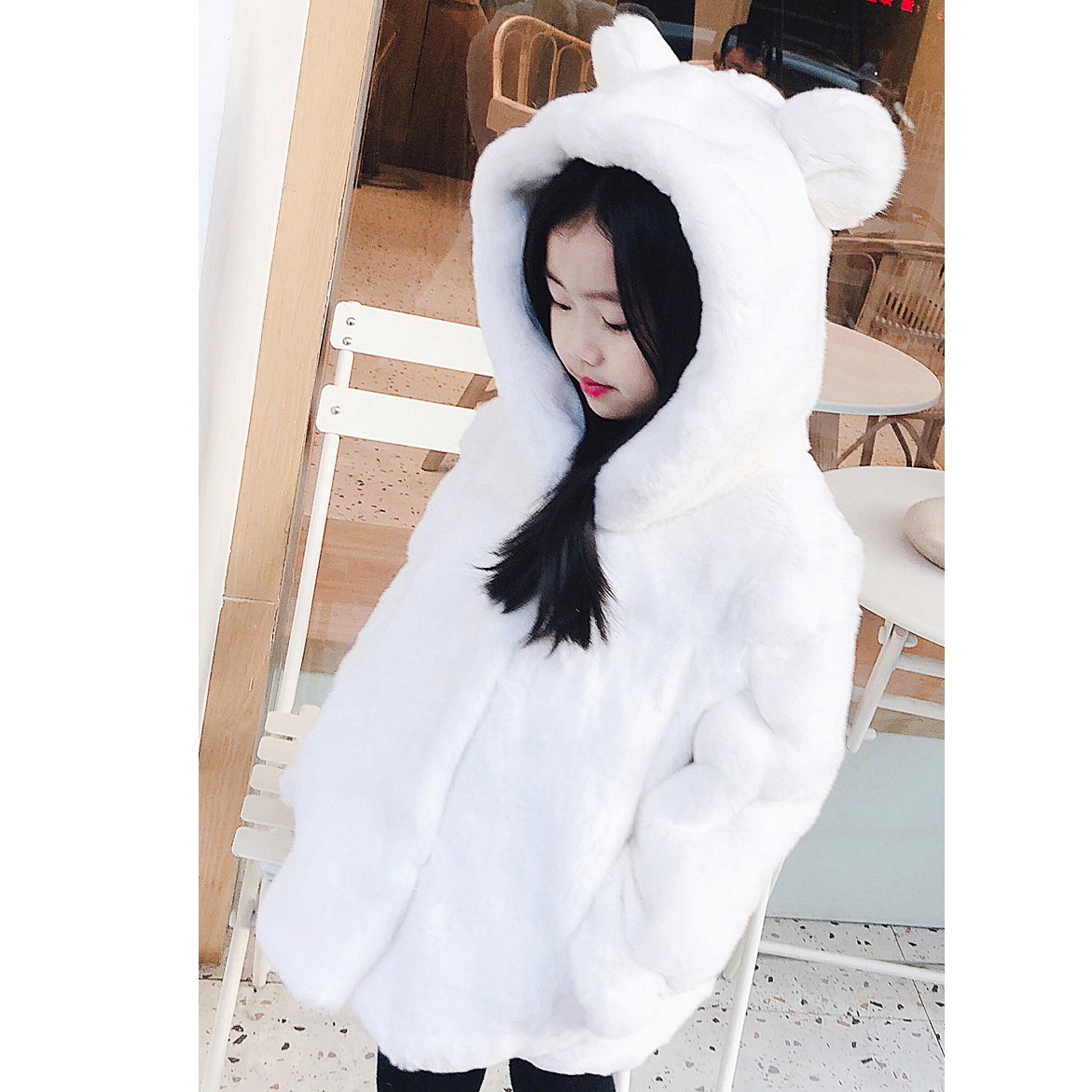 女童毛毛外套带耳朵秋冬2024新款加厚中长款儿童保暖外套真獭兔毛