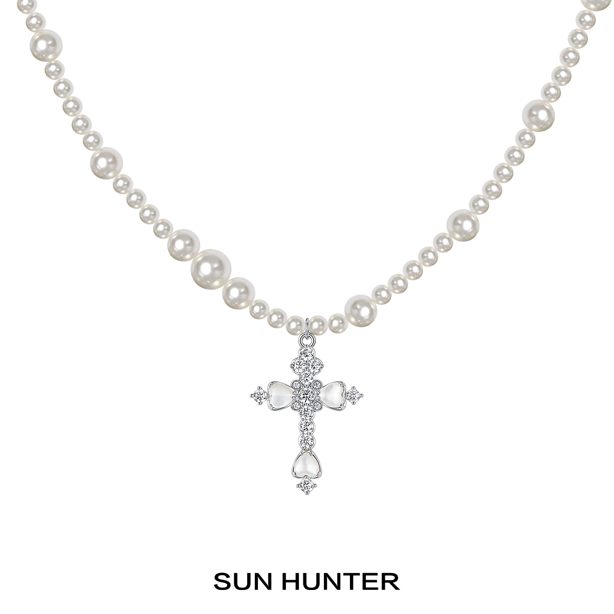 铜合金仿珍珠项链 三横SUN HUNTER原创花瓣十字架项链小众轻奢