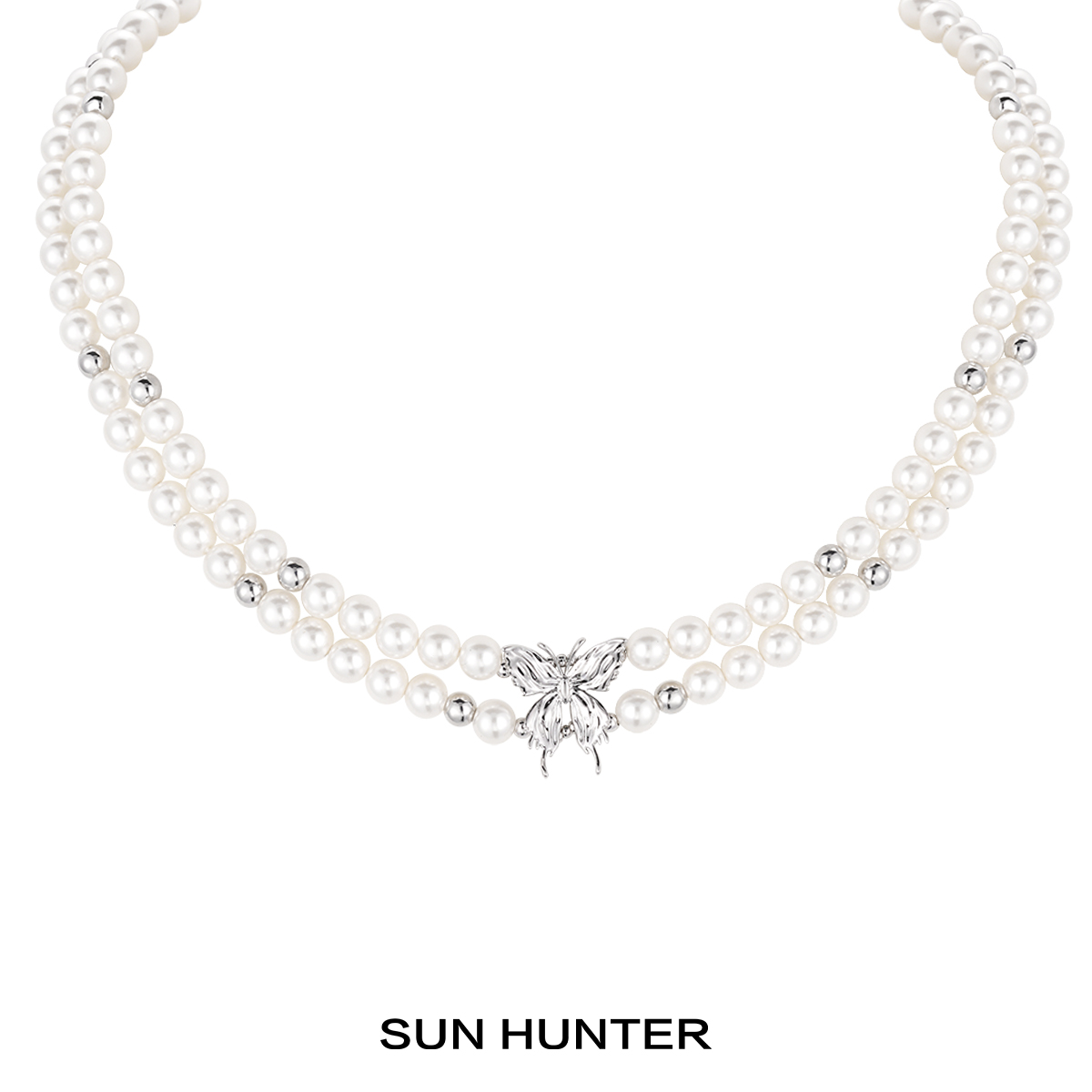 铜合金仿珍珠项链 三横SUN HUNTER原创双层珠珠蝴蝶项链小众