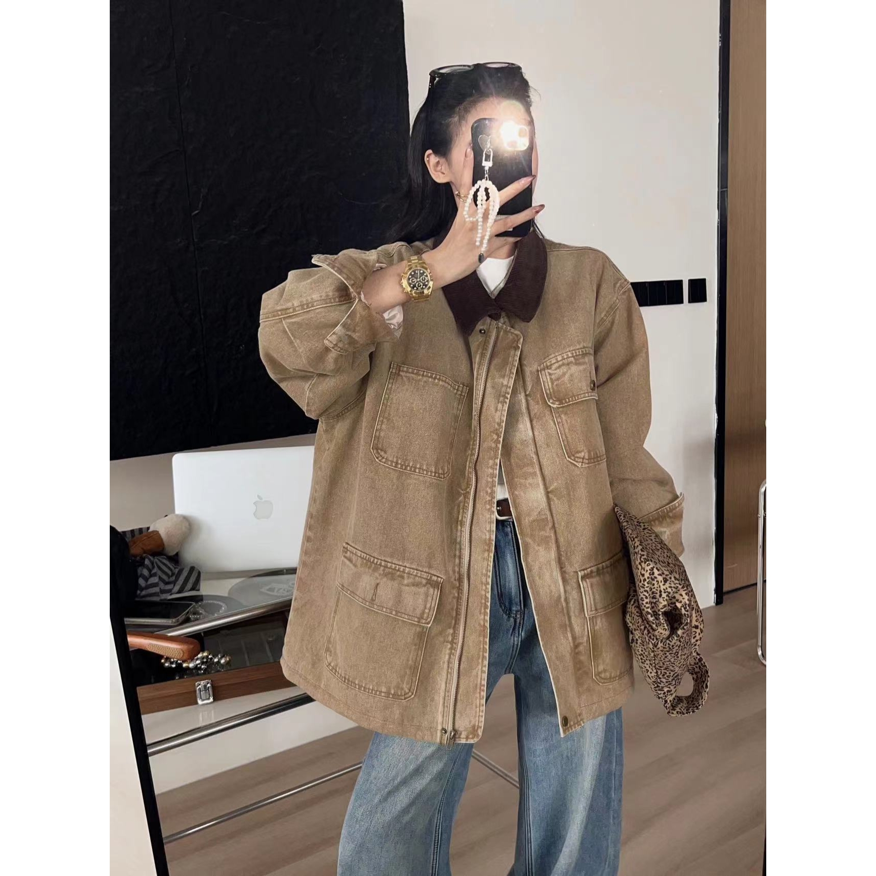 SP【巴黎街头】翻领撞色水洗牛仔工装外套宽松高级感外套出游服装女