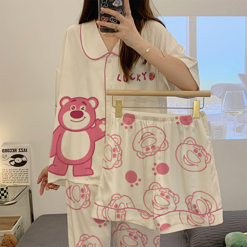 睡衣女夏季冰丝短袖2023年新款爆款可爱卡通草莓熊三件套装家居服