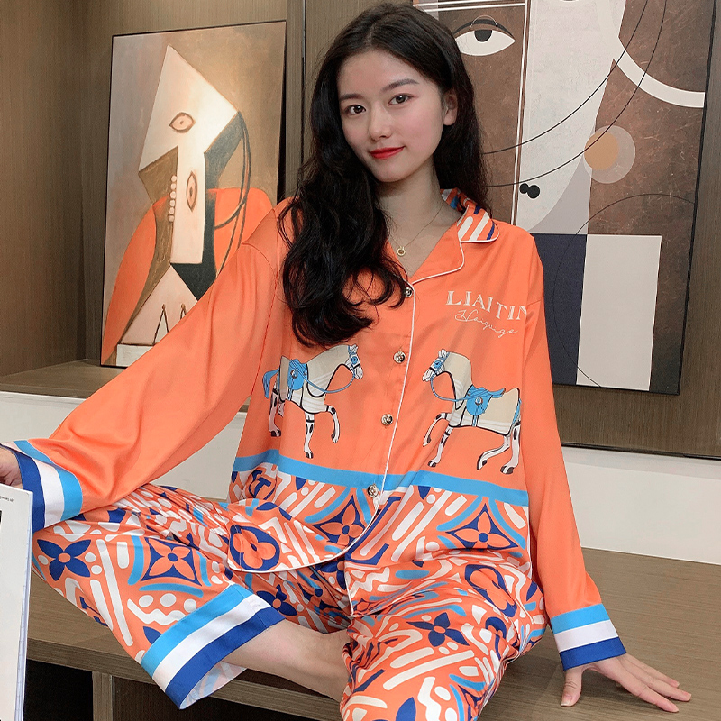 高档睡衣女春秋冰雪丝女士高端长袖可外穿冰丝家居服套装 22033