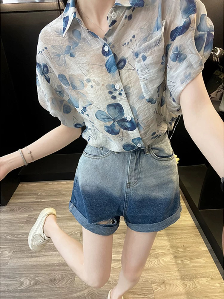 夏日多巴胺小清新衬衫牛仔短裤套装女显瘦减龄时尚百搭夏季上衣
