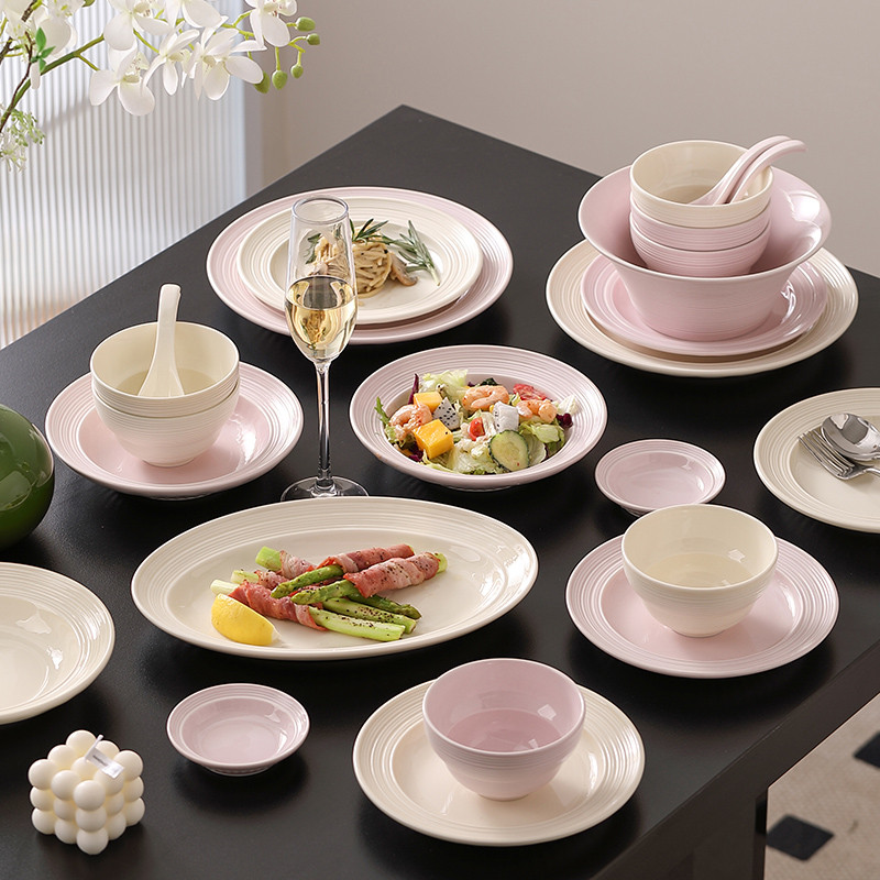 夜樱粉拉丝碗盘9件套家用陶瓷餐具网红轻奢米饭碗汤盘菜盘套装