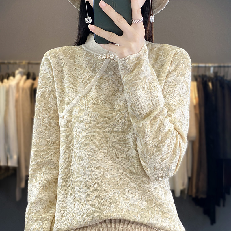 新款纽扣旗袍领纯色套头针织衫女士秋季百搭羊毛衫 2347