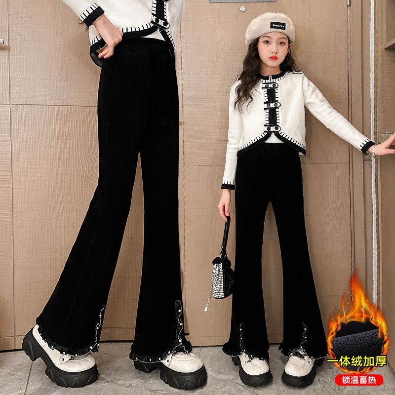 巴拉巴拉女童加绒裤子冬季2023新款儿童小香风微喇叭裤女孩洋气开