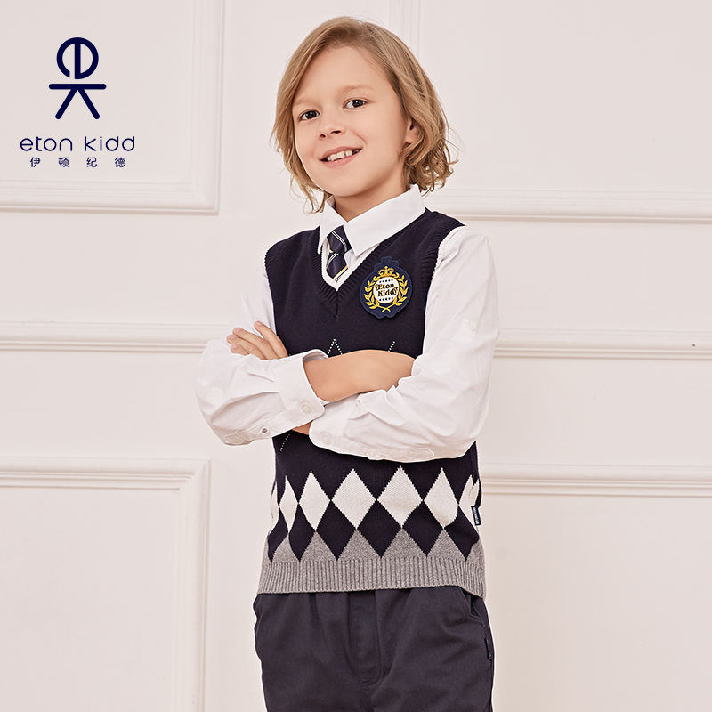 伊顿纪德春秋校服儿童装套头马甲男女童针织学院毛线衣背心10B004