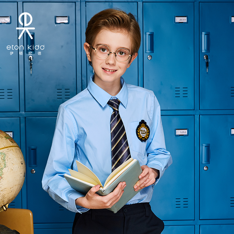 伊顿纪德秋冬童装时尚儿童纯色衬衫男童蓝色长袖衬衣春秋款10C156