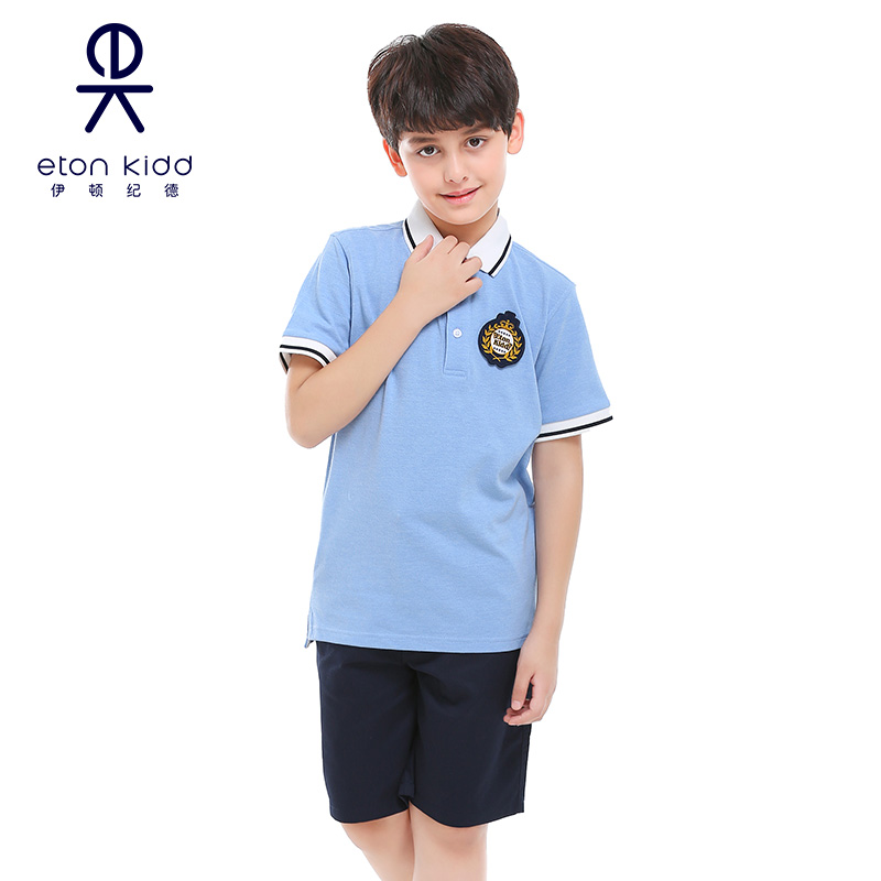 Z伊顿纪德灰蓝色珠地网眼撞浅蓝色织布短袖学院风学POLOT恤13T026
