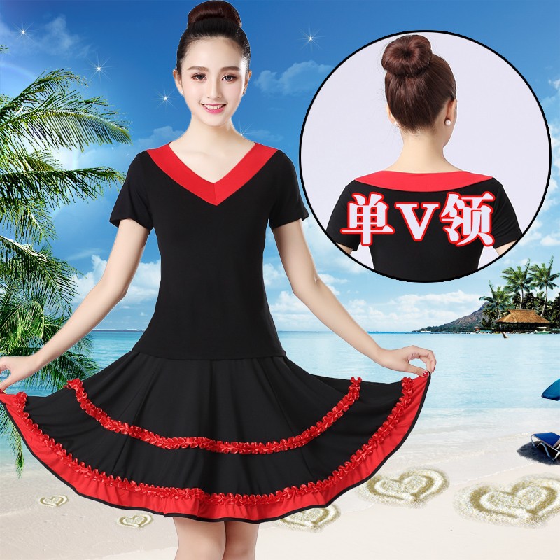 夏季新款莫代尔广场舞服装套装短袖上衣半身短裙两件套跳舞衣服女
