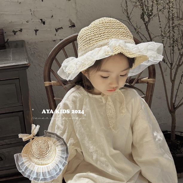 公主草帽 女童可折叠夏季出游防晒帽沙滩草帽宝宝蕾丝镂空遮阳帽