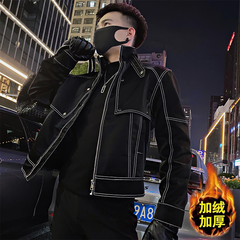 高级感明线春秋季休闲时尚外装欧若风男士外衣痞帅修身韩版外套男