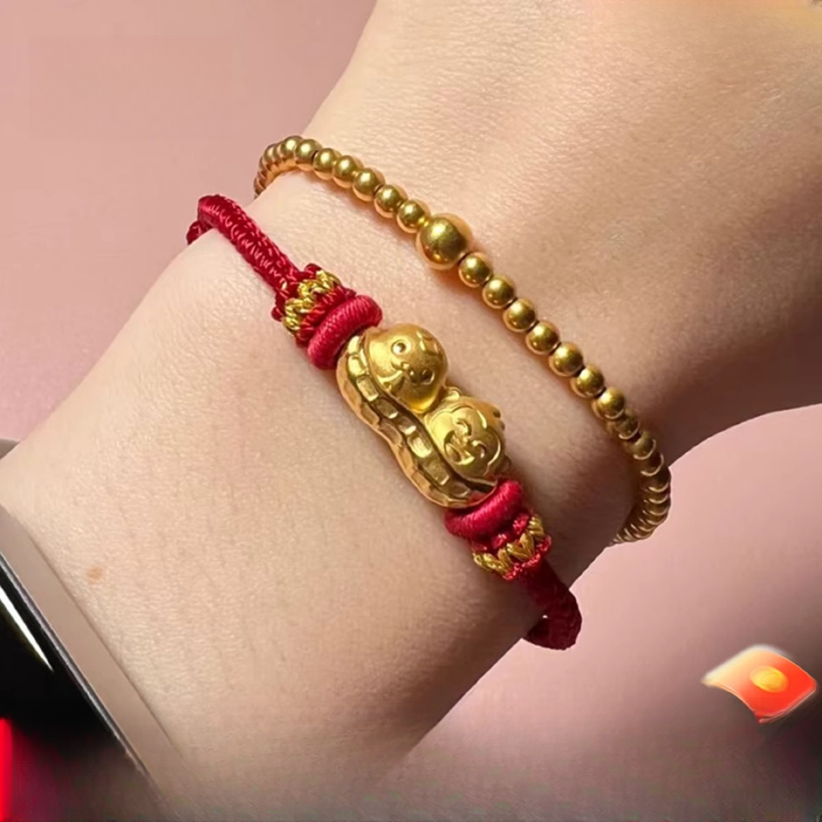 999足金蛇年蛇猴六合花生黄金转运珠本命年3D硬金手绳送满月宝宝