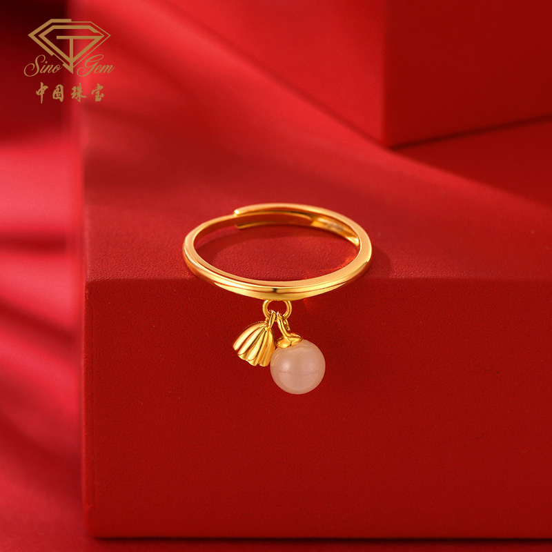 【中国珠宝】好运连连S925银镶和田玉国潮戒指可调节女士银戒#40703