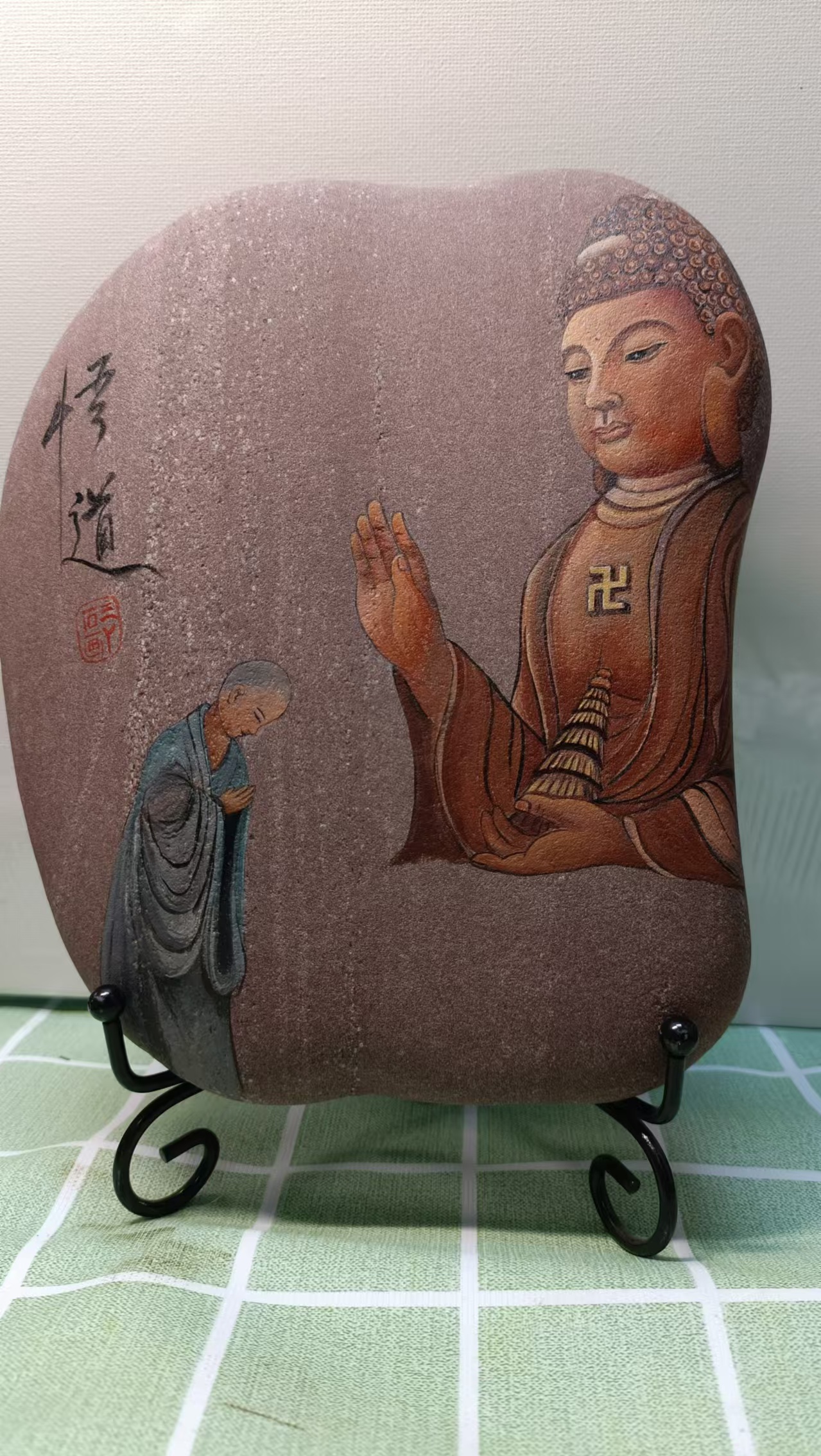 石头画丙烯画悟道摆件