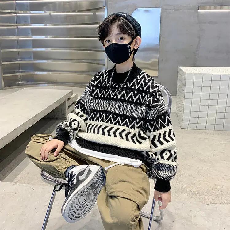 时尚男童毛衣2023新款加绒加厚中大童男孩春秋冬季针织衫韩版毛衣