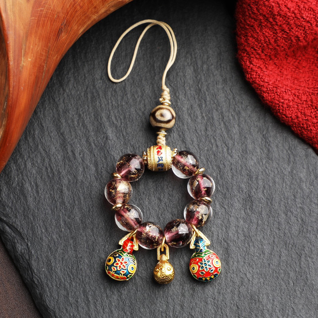 合金玻璃吊坠 紫色金箔相灰琉璃手机挂宝宝挂（配三眼）